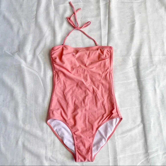 Kortni Jeane One Piece Swimsuit Halter Ruched Strapless Swim XS Pink Tie Back - Picture 1 of 10